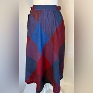Vintage wool tartan plaid midi skirt high waist A line .. slim fit blue burgundy